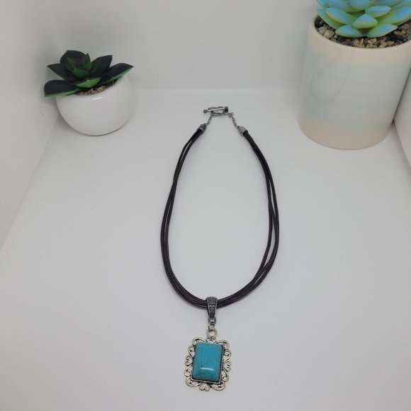3 Strand Distressed Leather Necklace with Turquoise Pendant with scroll detail - Picture 2 of 7